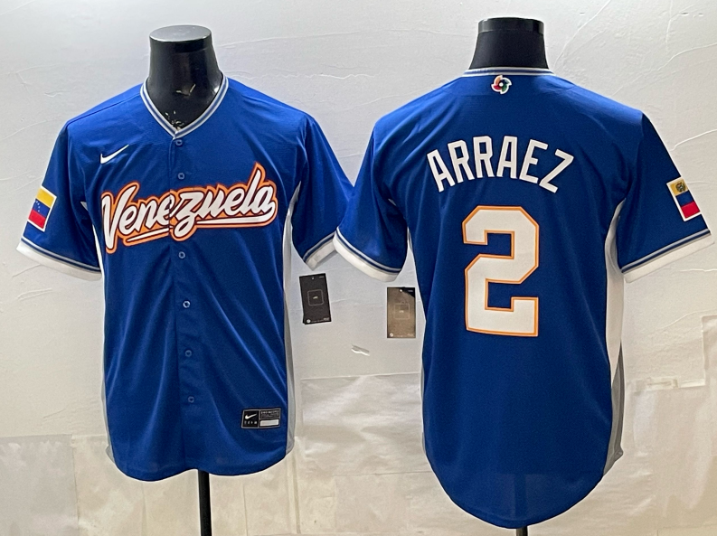 Men's Venezuela Baseball #2 Luis Arraez Royal 2026 World Baseball Classic Road Stadium Stitched Jersey